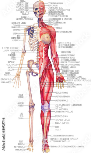 Detailed watercolor illustration of a female human anatomy showing skeletal and muscular systems.
