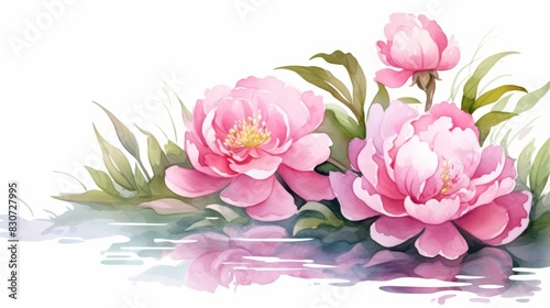 A kawaii water color of a peony  with lush pink petals  in a serene garden  by a sparkling stream  Clipart isolated on white