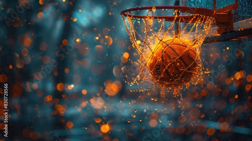 A basketball going through the net of an indoor basket ball hoop. photo