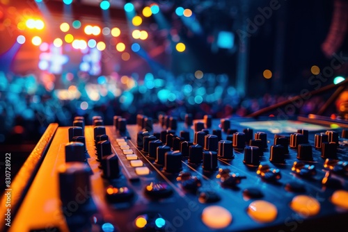 Close up of a sound engineer's console on stage in front of a blurred background with lights and people at a concert.