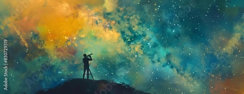 A man is looking through a telescope at a beautiful nebula in the night sky