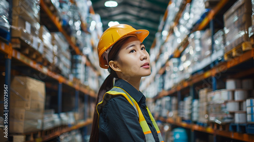 A woman wearing a yellow hard hat and a safety vest stands in a warehouse. She looks up at the ceiling, possibly checking for any hazards or issues. Concept of caution and responsibility