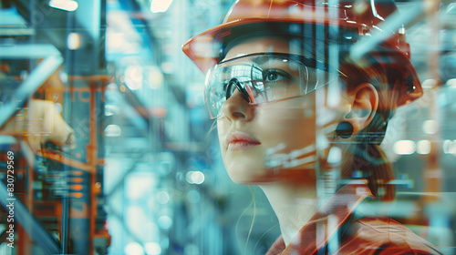 A woman wearing a hard hat and safety glasses looks out the window. The picture is blurry and feels futuristic.