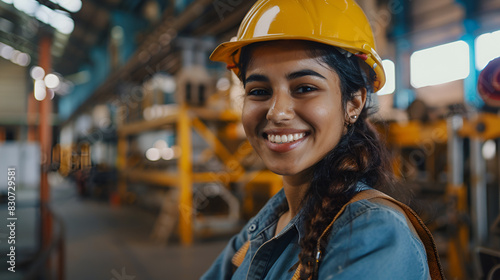 A woman wearing a yellow hard hat and smiling. She is standing in a factory. Scene is happy and positive