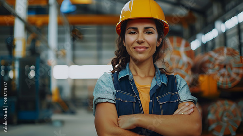 A woman wearing a yellow hard hat and smiling. She is standing in a factory. Scene is happy and positive