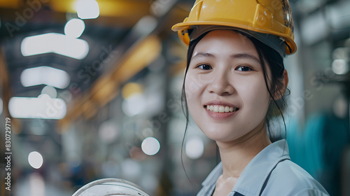 A woman wearing a yellow hard hat and smiling. She is standing in a factory. Scene is happy and positive