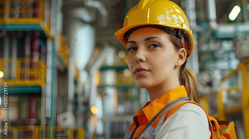 A woman wearing a yellow hard hat and smiling. She is standing in a factory. Scene is happy and positive