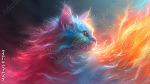 Vibrant Cat Portrait with Fiery and Celestial Lighting in a Dreamlike Setting Featuring Ethereal Colors and Surrealistic Artistry   © Stefan