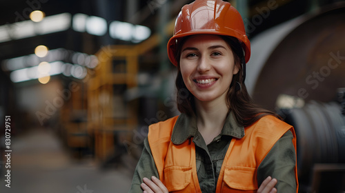 A woman wearing a bright orange safety vest and a hard hat is smiling. She is standing in a factory setting