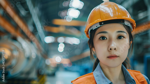A woman wearing a yellow hard hat is standing in a large room. She looks sad and is staring at the camera