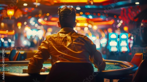 Profession player sits at the gaming table in the casino and wins