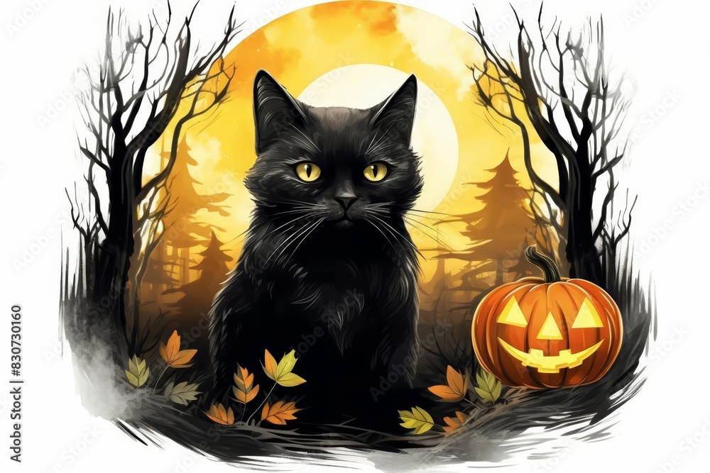 Set of water color of a black cat, with glowing green eyes, sitting on ...