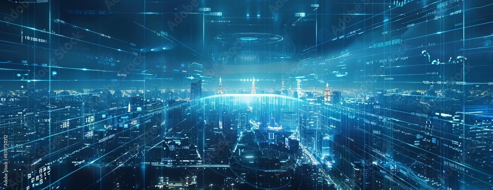 A digital city with a blue tint A digital city with a blue tint