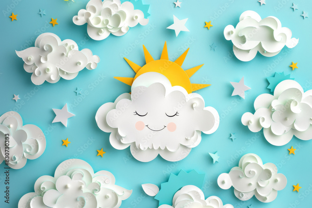 Playful Cartoonish Clouds and Sun in a Cheerful Sky Scene Playful Cartoonish Clouds and Sun in a Cheerful Sky Scene
