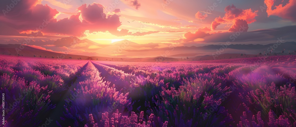 A field of lavender in full bloom under a vibrant sunset A field of lavender in full bloom under a vibrant sunset