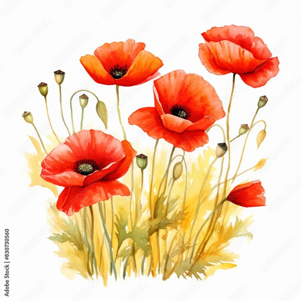 Naklejka premium Set of water color of a poppy, with fiery red petals, growing wild in a field, under a golden sunset, Clipart isolated on white