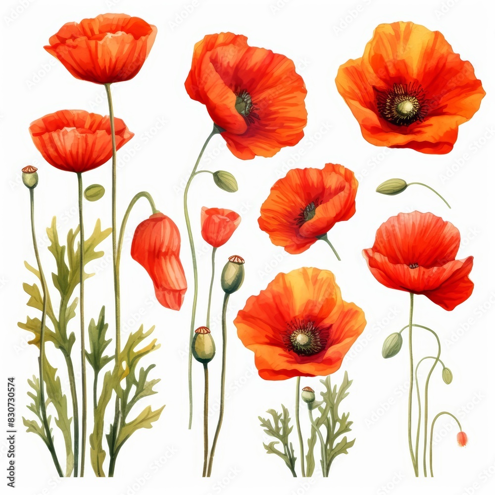 Fototapeta premium Set of water color of a poppy, with fiery red petals, growing wild in a field, under a golden sunset, Clipart isolated on white