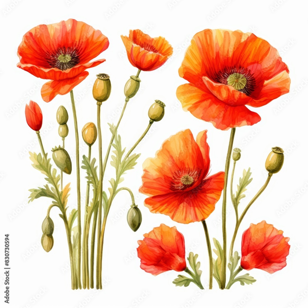 Obraz premium Set of water color of a poppy, with fiery red petals, growing wild in a field, under a golden sunset, Clipart isolated on white