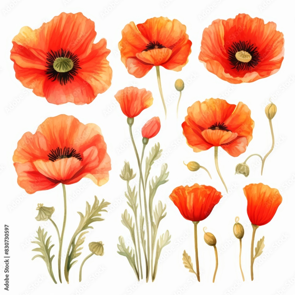 Naklejka premium Set of water color of a poppy, with fiery red petals, growing wild in a field, under a golden sunset, Clipart isolated on white