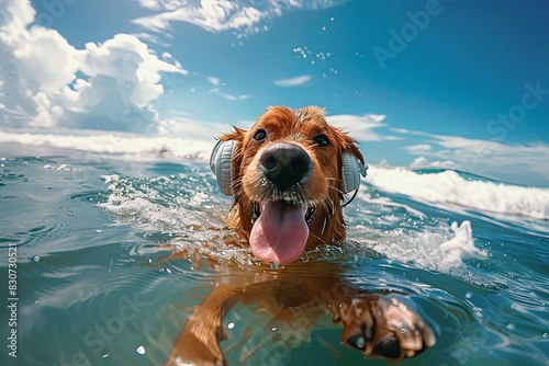 cool dog taking a selfie with white color headphones while surfing with his tongue out photo