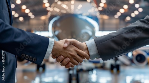Businessmen shaking hands in front of a private jet, symbolizing a successful business deal or partnership in the aviation industry photo
