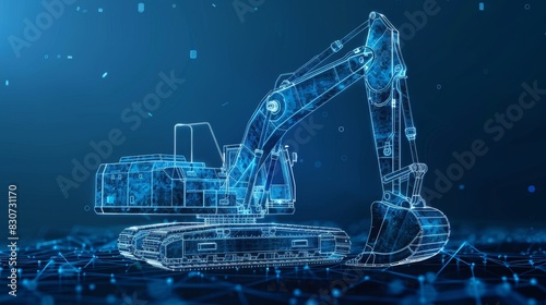 Robust wireframe outline of an excavator truck, with detailed lines against a vibrant blue background (selective focus) theme, mechanical strength dynamic Composite industrial park photo