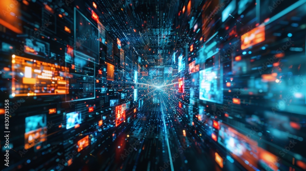 Digital wall of screens showcasing IT infrastructure, software code, and network data creating a vibrant technological display. Generative Ai Digital wall of screens showcasing IT infrastructure, software code, and network data creating a vibrant technological display. Generative Ai