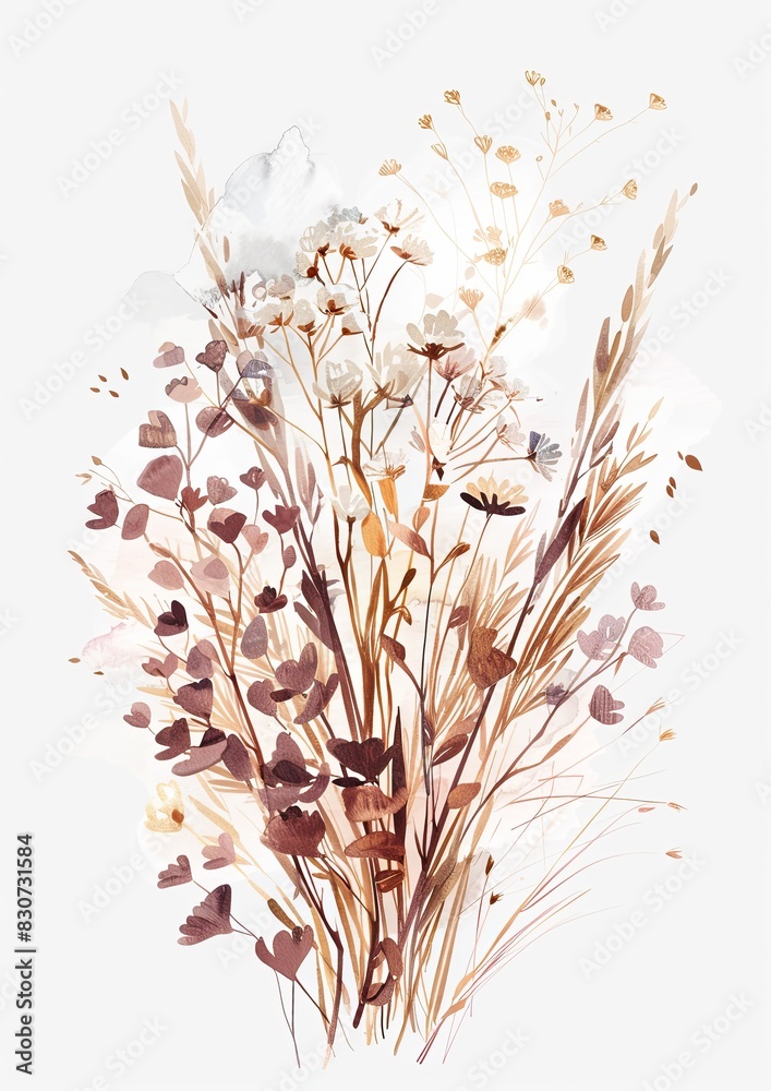 watercolor wildflower bouquet with dried grasses in the style of clipart, isolated on a white background