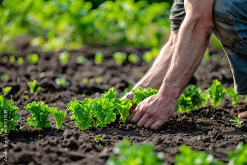 Man hands planting lettuce in the vegetable garden.