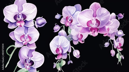 Set of water color of an orchid, with exotic blooms, hanging from a vine, in a tropical rainforest, Clipart isolated on white