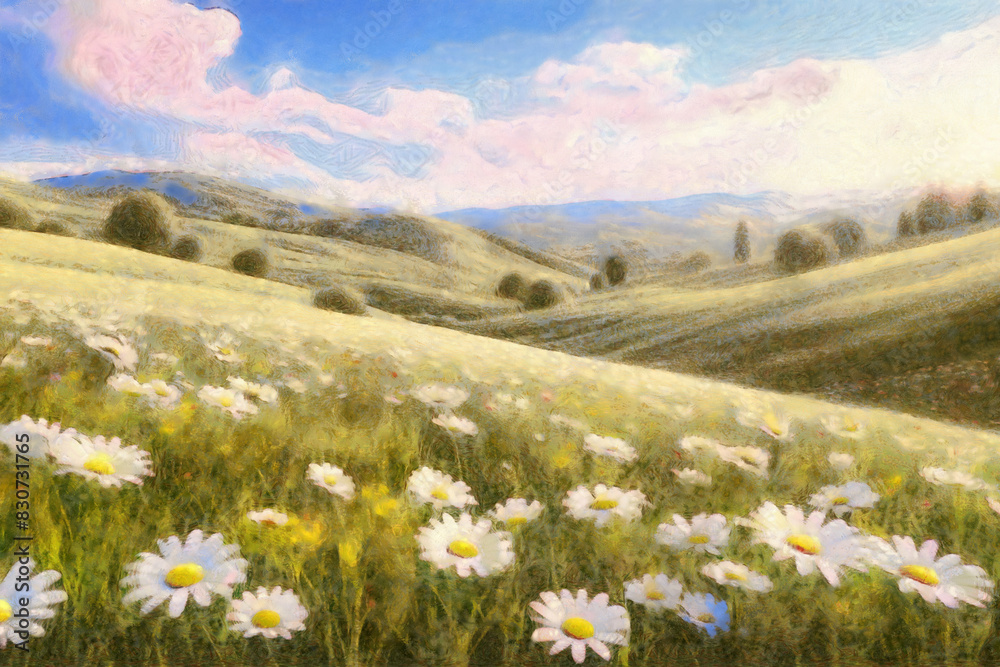 A vibrant painting captures a colorful spring meadow, with lush rolling hills stretching into the distance.