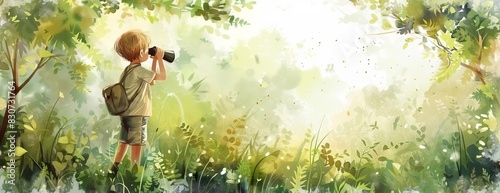 A young boy gazes through binoculars in a lush green forest. He is filled with wonder and excitement as he explores the natural world around him.