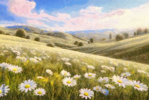 A vibrant painting captures a colorful spring meadow  with lush rolling hills stretching into the distance.