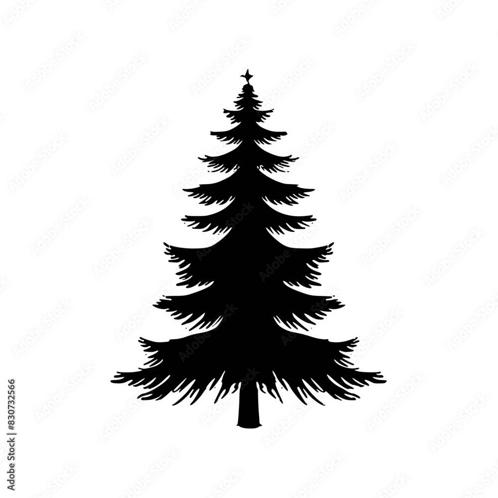 Obraz premium Silhouette of Pine Tree, Black and white silhouette of a pine tree with layered branches, showcasing its symmetrical and elegant shape.