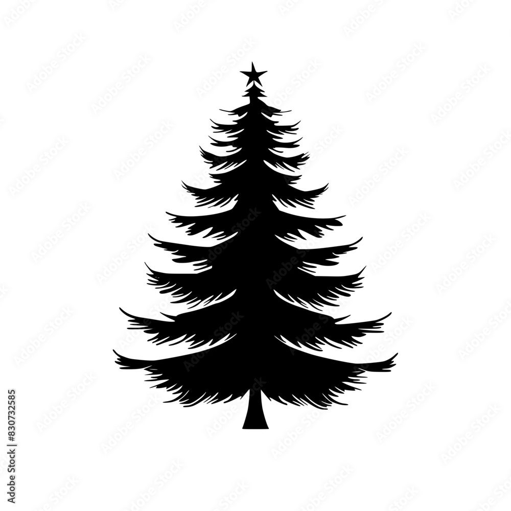 Obraz premium Silhouette of Pine Tree, Black and white silhouette of a pine tree with layered branches, showcasing its symmetrical and elegant shape.