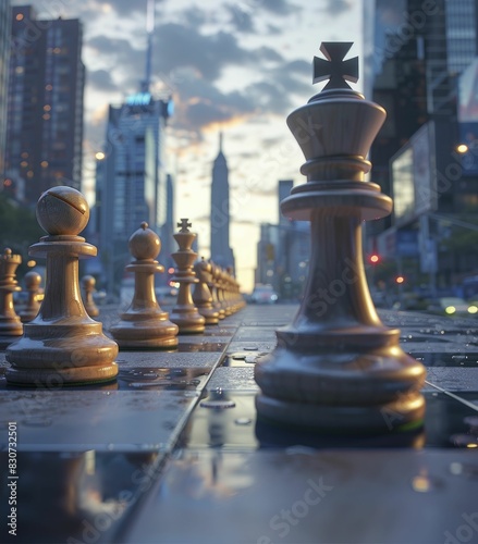 A chess game set in a bustling city, captured from street level with a minimalist approach, showcasing the urban backdrop.