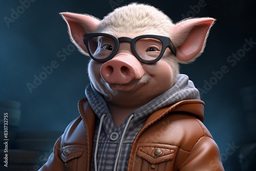 a cartoon pig wearing glasses and a jacket