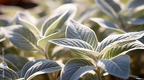 Detailed shot of the silvery, downy leaves of a white sage, under bright sunlight, symbolizing cleansing and spiritual significance.