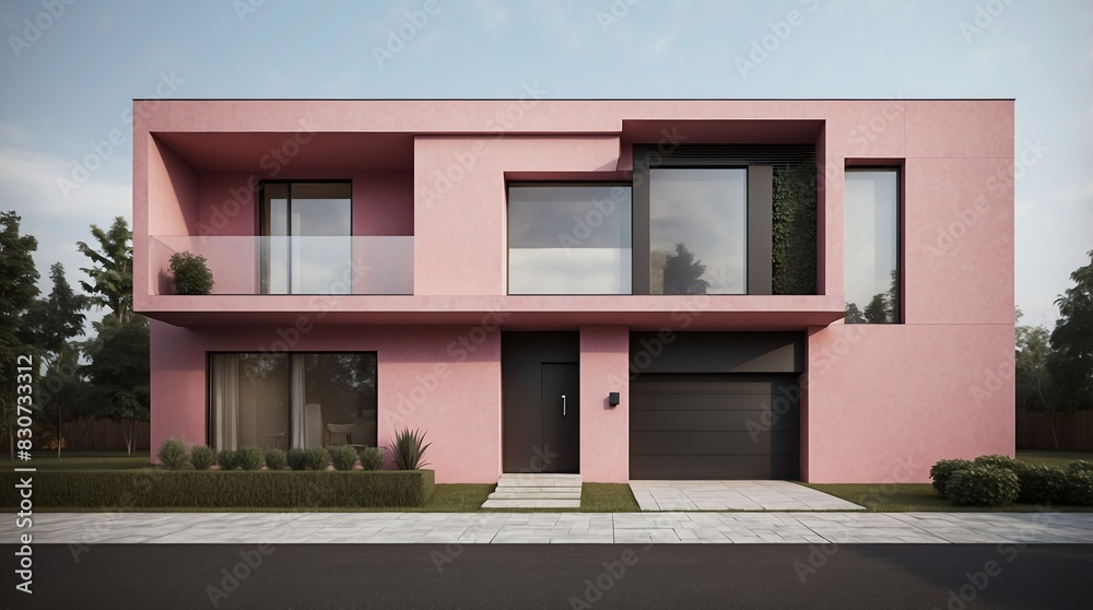 pink low budget modern minimalist concept house facade front view