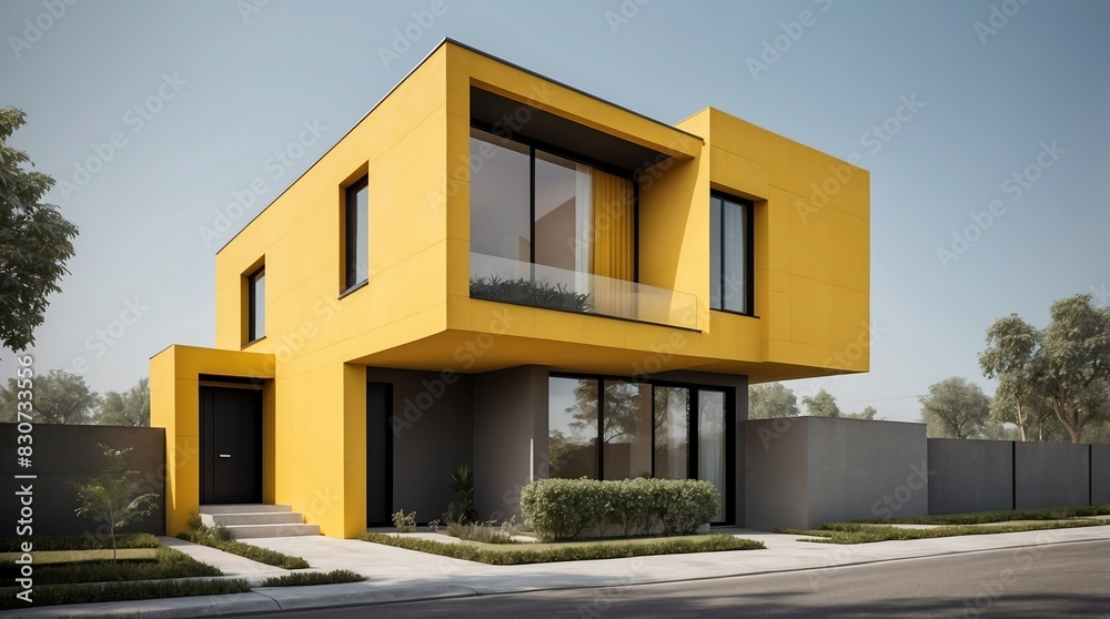 yellow low budget modern minimalist concept house facade front view