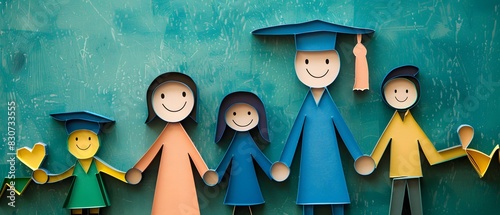 Cut Paper of A graduate in a cap and gown holding hands with family members, all smiling happily photo