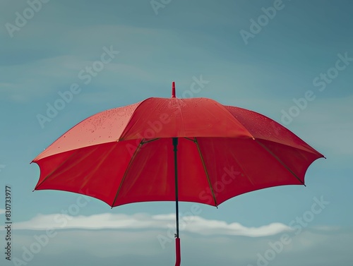 Emergency fund under a big red umbrella  minimal style  clear sky  focusing on protection and security  striking visual contrast between red umbrella and background.