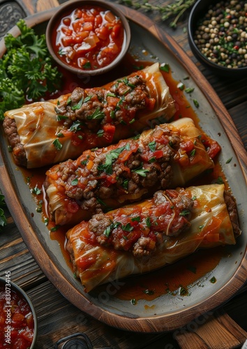 Kohlrouladen - Cabbage rolls stuffed with ground meat and rice, served with tomato sauce. photo