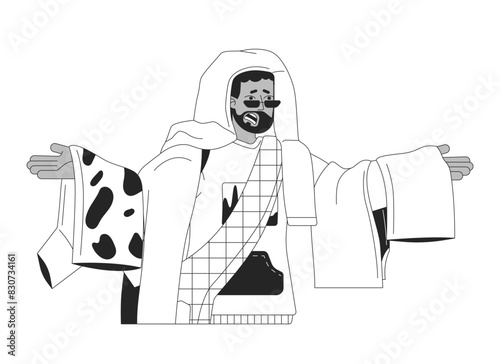 Sad african american man with outfit heap black and white 2D line cartoon character. Fashion addicted black male isolated vector outline person. Overconsumption monochromatic flat spot illustration