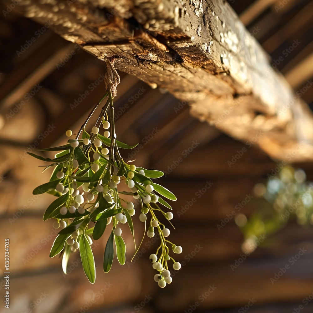 Fototapeta premium Cranberries Dangling from a Wooden Ceiling Beam