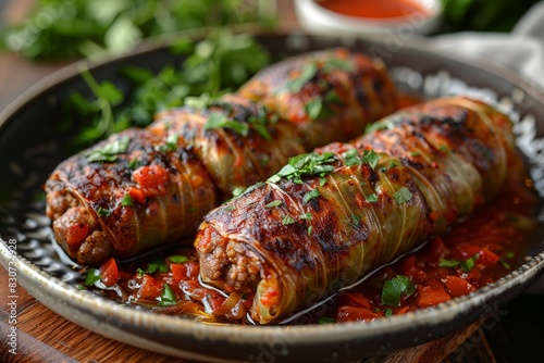 Kohlrouladen - Cabbage rolls stuffed with ground meat and rice, served with tomato sauce.