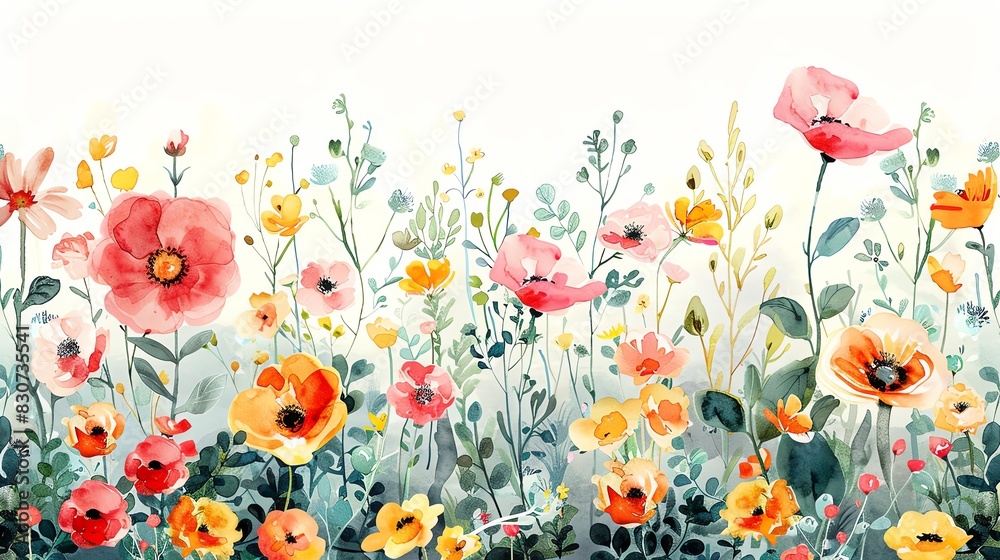 Watercolor painting of a field of wildflowers in vibrant colors. Watercolor painting of a field of wildflowers in vibrant colors.