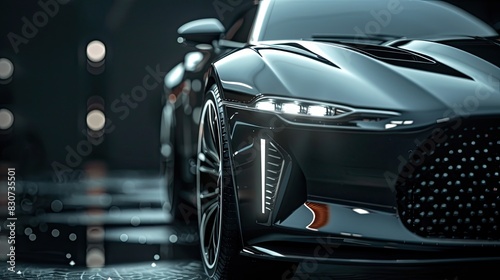 Expensive luxury car parked on black background Modern elegant design and front details of modern vehicles