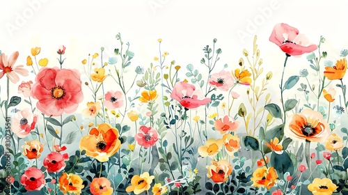 Watercolor painting of a field of wildflowers in vibrant colors.