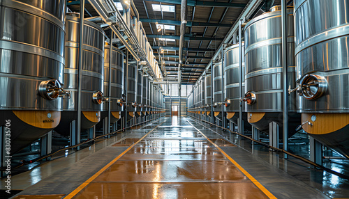 Big barrels in the territory of the plant. Barrels for storage of a raw material on production of wine